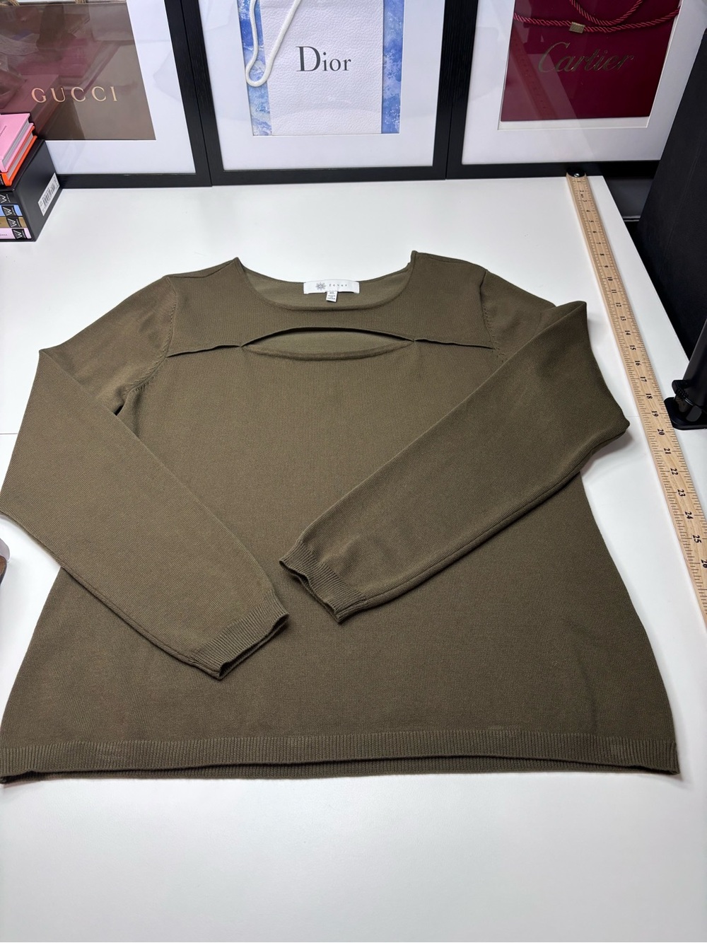Fever Olive Cutout Crewneck Lightweight Sweater Size XL